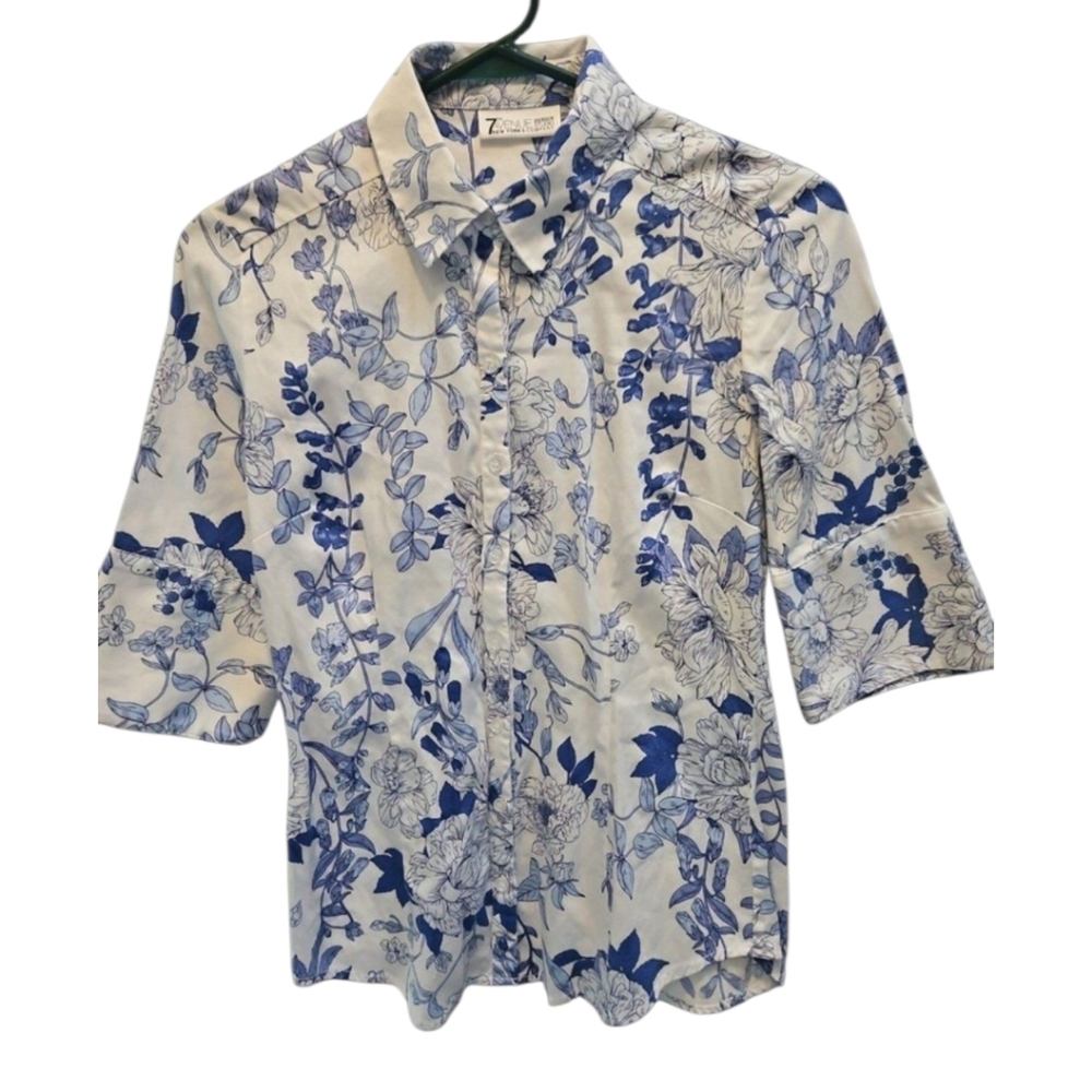 New York & Company Women's White/BLUE Blouse SZ XS